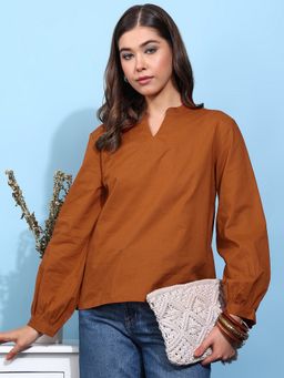 Vbuyz - Women Solid Straight Cotton Rust Top