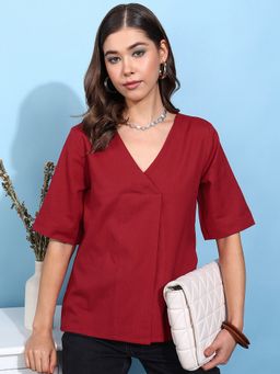 Vbuyz - Women Solid Straight Cotton Maroon Top
