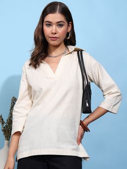 Vbuyz - Women Solid Straight Cotton Off White Top