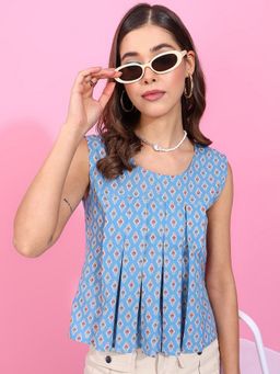 Vbuyz - Women Geometric Fit and Flare Cotton Blue Top