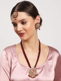 Aatmana - Gold Plated Kundan Studded Maroon Beaded Multi Strand Jewellery Set with Maangtikka