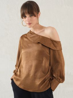 Femmella - Brown Polyester One Shoulder Top