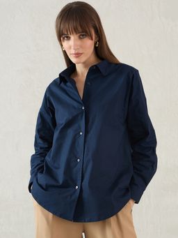 Femmella - Navy Blue Cotton Collar Neck Shirt