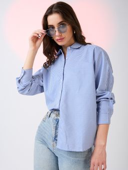 Globus - Women Blue Collared Neck Cuffed Sleeves Striped Pattern Oversized Shirt Style Work Wear Top