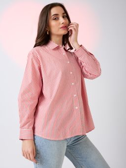Globus - Women Red Collared Neck Cuffed Sleeves Striped Pattern Oversized Shirt Style Work Wear Top