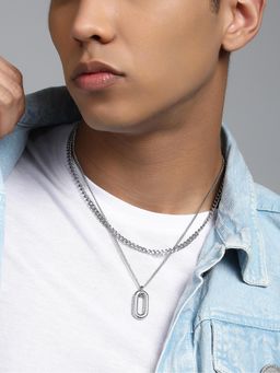 French Accent - Men's The Ribbed Multi-Layer Metallic Silver Necklace