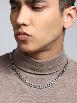 French Accent - Men's The Flatten-Link Chain Metallic Silver Necklace