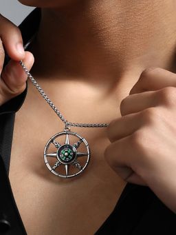 French Accent - Men's The Compass Pendant Metallic Silver Necklace