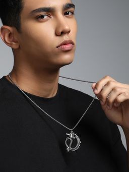 French Accent - Men's The Draconis Pendant Metallic Silver Necklace