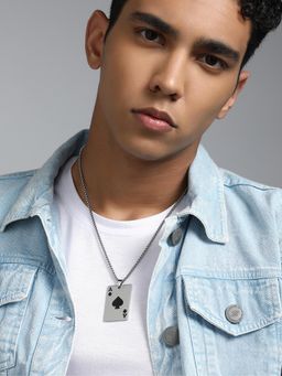 French Accent - Men's The Ace Metallic Silver Pendant Necklace