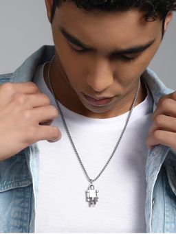 French Accent - Men's The Robo Metallic Silver Pendant Necklace