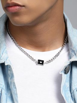 French Accent - Men's The Block Metallic Silver Pendant Necklace