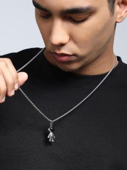 French Accent - Men's The Astronaut Metallic Silver Pendant Necklace
