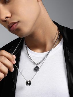 French Accent - Men's The Spool Metallic Silver Pendant Necklace