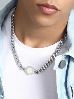 French Accent - Men's The Roma Metallic Silver Pendant Necklace