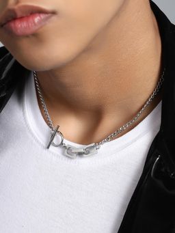 French Accent - Men's The Zig-Saw Metallic Silver Pendant Necklace