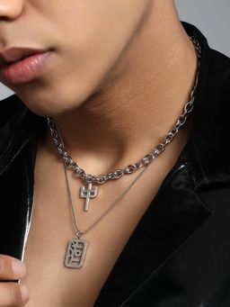 French Accent - Men's The Oriental Metallic Silver Pendant Necklace