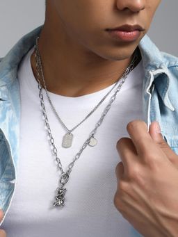 French Accent - Men's The Dollar Teddy Metallic Silver Pendant Necklace