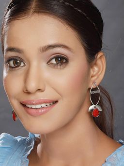 Gahan - Red Stone studded & Lef Shaped Contemporary Drop Earrings