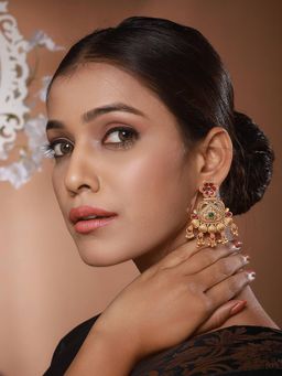 Gahan - Gold Plated Multi-Color Stone-Studded & Beaded Drop Earrings