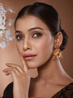 Gahan - Gold Plated Multi-Color Stone-Studded & Beaded Floral Shaped Drop Earrings
