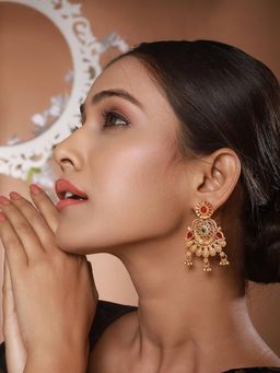 Gahan - Gold Plated Multi-Color Stone-Studded & Beaded Filgiree Drop Earrings