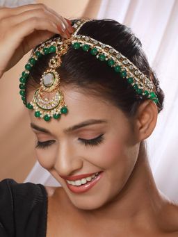 Gahan - Gold-Plated Green & White Kundan-Studded & Pearls Beaded Sheeshphool Mathapatti