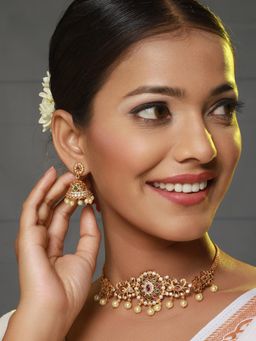 Gahan - 24K Gold-Plated Red & Green Stone Studded & While Studded Temple Jewellery Set