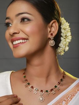 Gahan - 22 K Gold-Plated Multi-Color Stone-Studded & White Studded Handcrafted Jewellery Set