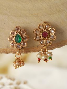 Gahan - Pack of 2 Gold-Plated Multi-Color Kundan Studded Flower Nose Pin
