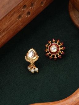 Gahan - Pack of 2 Gold Plated & Multi-Color Kundan Studded Pear Shaped Nose Pin