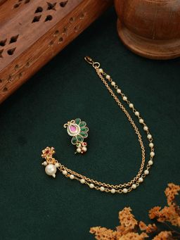 Gahan - Pack of 2 Green & Pink Gold-Plated White Kundan Nose pin