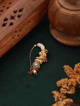 Gahan - Gold-Plated Multi-Color Kundan Studded Handcrafted & Pear Beaded Maharashtrian Nose pin
