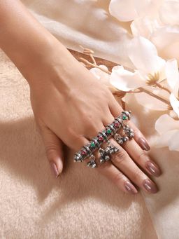 Gahan - Oxidized Silver-Plated Red & Green Stone-Studded Adjustable Finger Ring