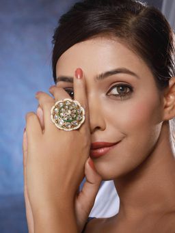 Gahan - Gold-Plated Green Kundan Studded & Pearl Beaded Adjustable Finger Ring