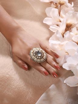 Gahan - Gold-Plated White Kundan Studded & Pearl Embellished Adjustable Finger Ring