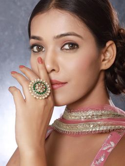 Gahan - Gold-Plated White Kundan Studded & Pearl Beaded Green Meenakari Adjustable Finger Ring