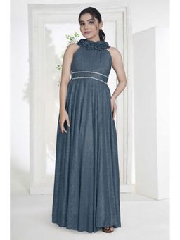 Lagorii - Blue High-Neck Floral Embellished Party Gown