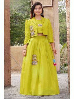 Lagorii - Lime Green Embroidered Lehenga Choli With Jacket