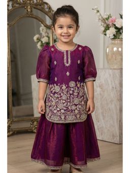 Lagorii - Wine Embroidered Kurta and Palazzo