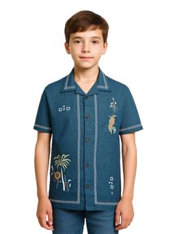 CAVIO - Boys Teal Half Sleeves Embroidered Shirt