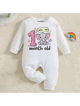 KNITROOT - Birthday Theme Full Sleeves Hello, I Am 1 Month Romper - White