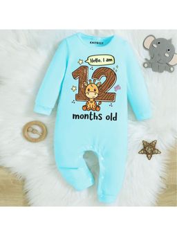 KNITROOT - Birthday Theme Full Sleeves Hello, I Am 12 Months Romper - Blue