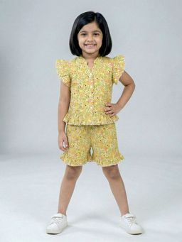 KiddoPanti - Girls Green Cotton Flower Printed Top and Shorts