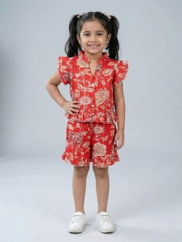 KiddoPanti - Girls Red Cotton Flower Printed Top and Shorts