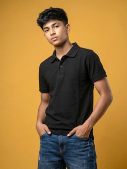 KiddoPanti - Boys Black Classic Cotton Solid Polo T-Shirt