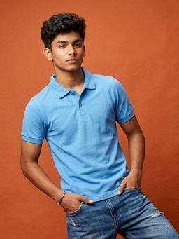 KiddoPanti - Boys Blue Classic Cotton Solid Polo T-Shirt