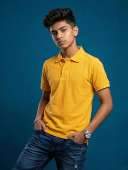 KiddoPanti - Boys Yellow Classic Cotton Solid Polo T-Shirt
