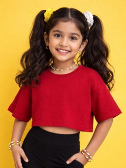 KiddoPanti - Girls Maroon Half Sleeves Solid T-Shirt