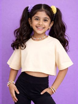 KiddoPanti - Girls Off White Half Sleeves Solid T-Shirt